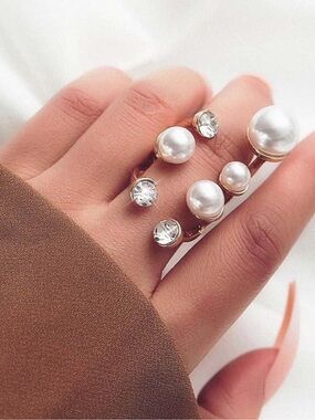 Anthropologie Gold Open Ring with White Pearls & Clear Crystals
